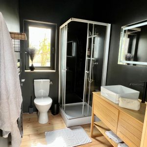 Salle de bain moderne dans un hébergement insolite, avec douche vitrée et décor noir élégant.