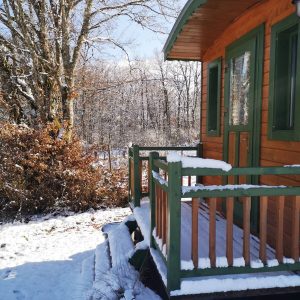 Charmante roulotte en bois, entourée de neige, avec un balcon accueillant.