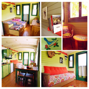 Charmante tiny house colorée avec un intérieur chaleureux, lit douillet et coin cuisine.