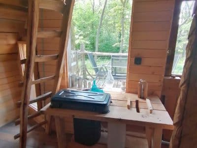 Cabane en bois avec une vue sur la nature, équipée d'une table en bois et d'une échelle.
