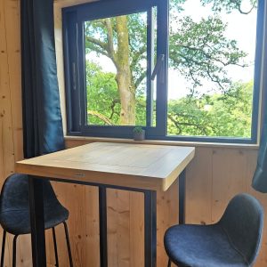 Hébergement insolite : intérieur en bois avec une table haute et vue sur la nature verdoyante.