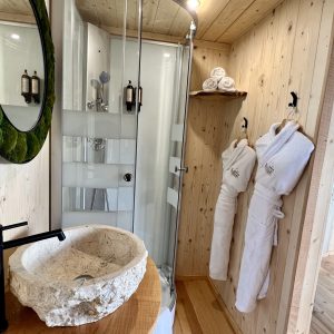 Salle de bain d'un hébergement insolite en bois, avec douche moderne et lavabo en pierre.