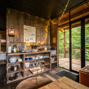Cabane en bois cosy avec cuisine équipée et vue sur la nature, ambiance chaleureuse.