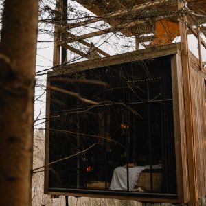 Cabane suspendue dans les arbres, avec de grandes fenêtres offrant une vue sur la forêt.