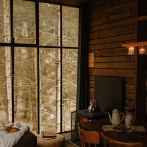 Cabane en bois avec grandes fenêtres, décor chaleureux et vue sur la forêt. Ambiance cosy.