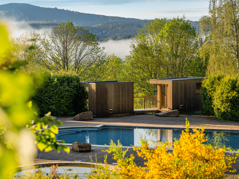 Chalet en bois avec piscine, entouré de verdure et de montagnes en arrière-plan.