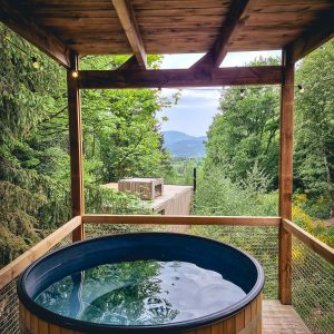 Cabane en bois avec jacuzzi, offrant une vue imprenable sur la nature environnante.