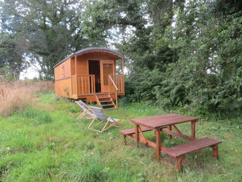 Charmante roulotte en bois entourée de verdure, avec table en bois et chaises longues.