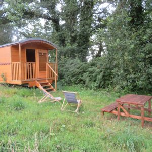 Charmante roulotte en bois, entourée de verdure, avec une terrasse et un coin repas en plein air.
