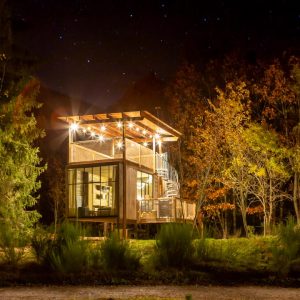 Cabane moderne sur pilotis, illuminée sous un ciel étoilé, entourée d'arbres.