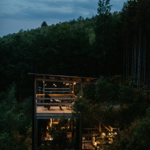 Cabane en bois suspendue, illuminée par des lanternes, entourée de verdure et de forêt.