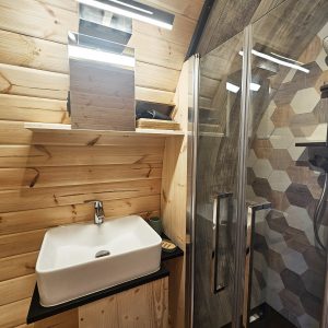 Salle de bain moderne en bois, avec douche vitrée et lavabo design, dans un hébergement insolite.
