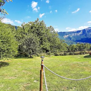 Hébergement insolite : bulle transparente sur un terrain verdoyant avec vue sur les montagnes.