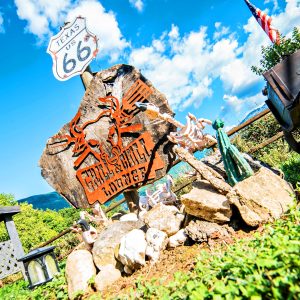 Hébergement insolite : cabane décorée sur Route 66, avec sculptures et paysage verdoyant.