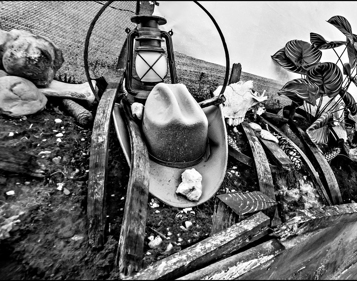 Hébergement insolite : décor rustique avec chapeau de cowboy, lampe à huile et éléments naturels.