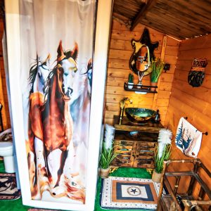 Cabane en bois avec décoration équestre, incluant une douche originale et des accessoires rustiques.