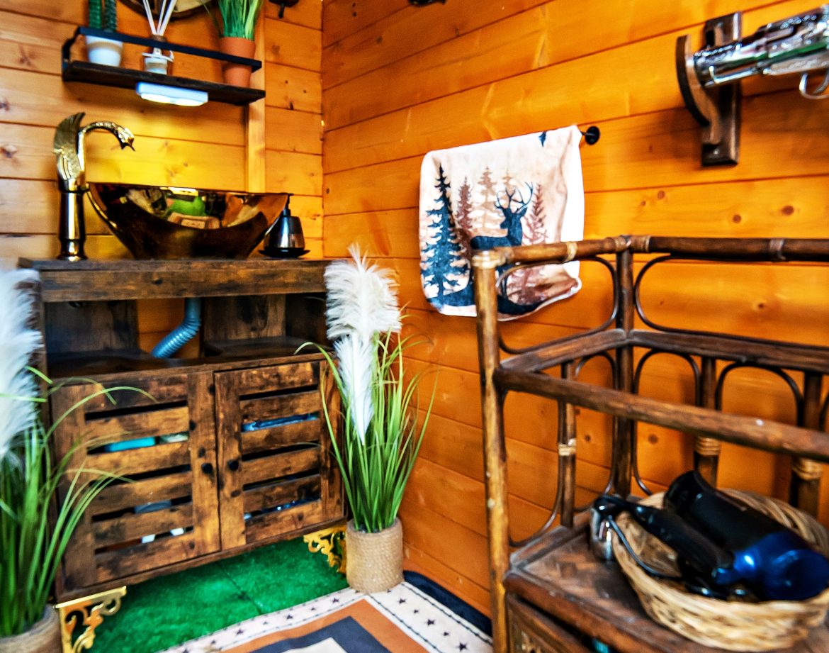 Cabane en bois avec décor rustique, lavabo en cuivre et touches de verdure. Ambiance chaleureuse.