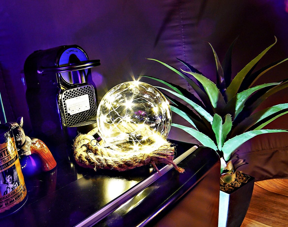 Hébergement insolite : intérieur cosy avec des lumières scintillantes et des plantes décoratives.