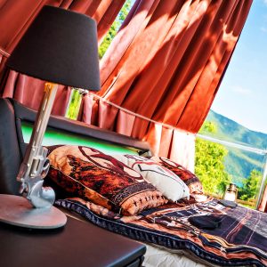 Chambre dans une bulle transparente, offrant une vue imprenable sur la nature environnante.