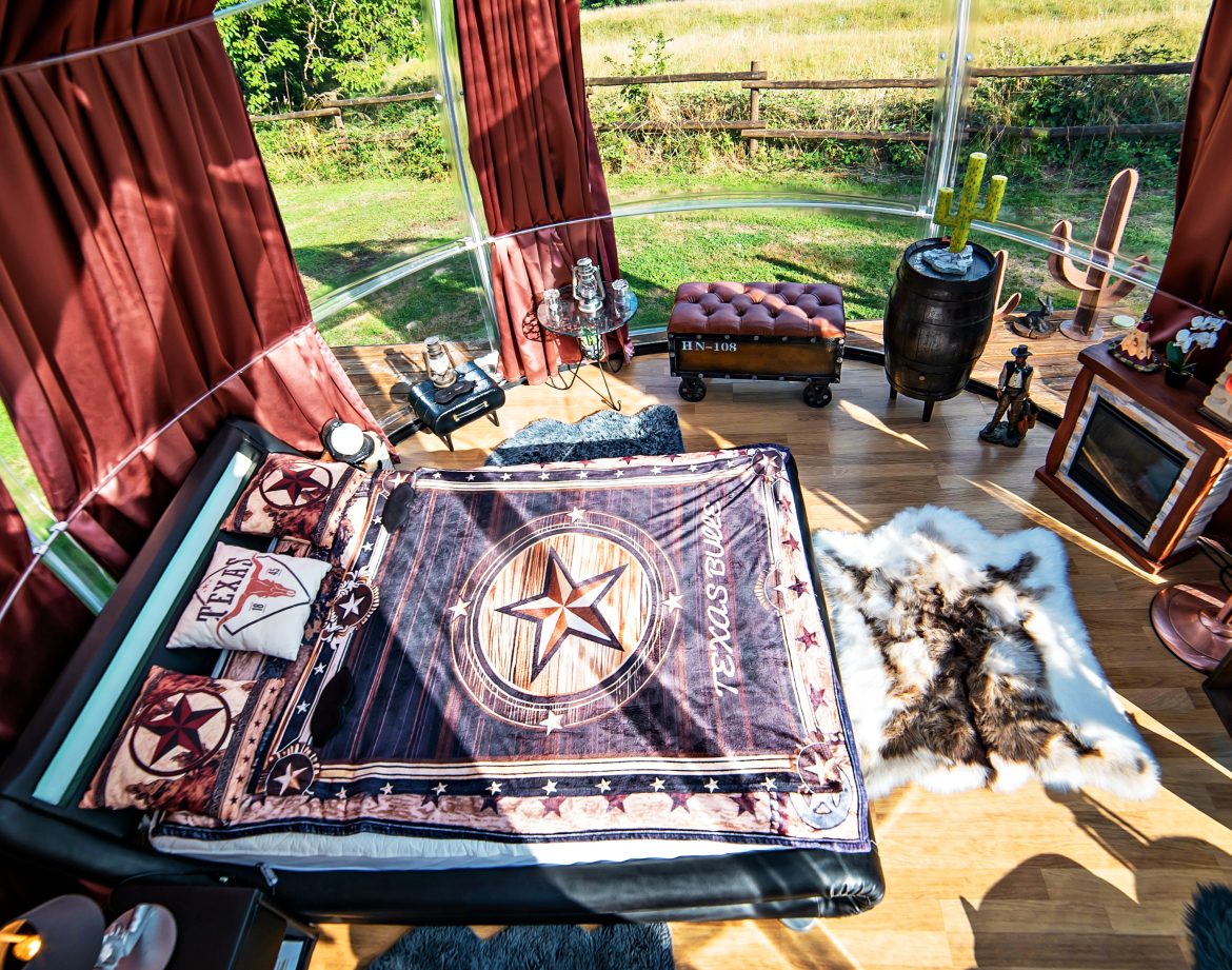 Hébergement insolite : chambre moderne avec décoration vintage, vue sur la nature environnante.