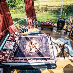 Hébergement insolite : chambre moderne avec décoration vintage, vue sur la nature environnante.