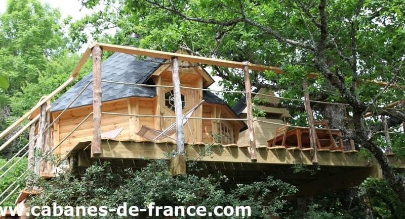 Cabane dans les arbres avec terrasse en bois, entourée de verdure luxuriante.