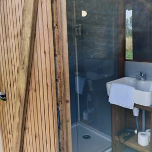 Cabane en bois avec salle de bain moderne, douche et lavabo, entourée de verdure.