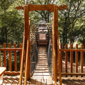 Cabane perchée dans les arbres, accès par un pont suspendu en bois, ambiance nature.