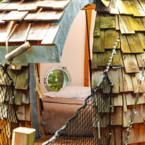 Cabane en bois avec toit en bardeaux, offrant une vue sur un lit douillet à l'intérieur.