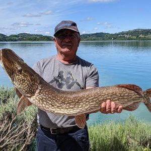 Hébergement insolite au bord de l'eau, avec un pêcheur fier de son brochet au soleil.