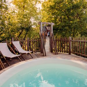 Cabane perchée avec piscine, entourée de verdure, offrant une vue apaisante sur la nature.