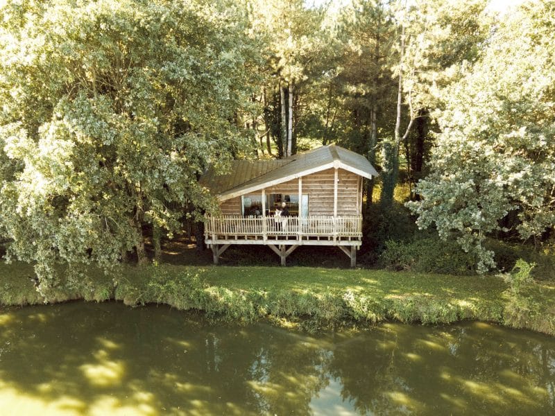 Chalet en bois sur pilotis, entouré darbres, au bord dun étang paisible.
