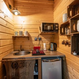 Cuisine d'un chalet en bois, avec un évier, un réfrigérateur et des étagères décoratives.
