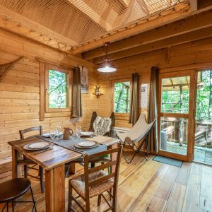 Cabane en bois chaleureuse avec un coin repas et vue sur la nature verdoyante.
