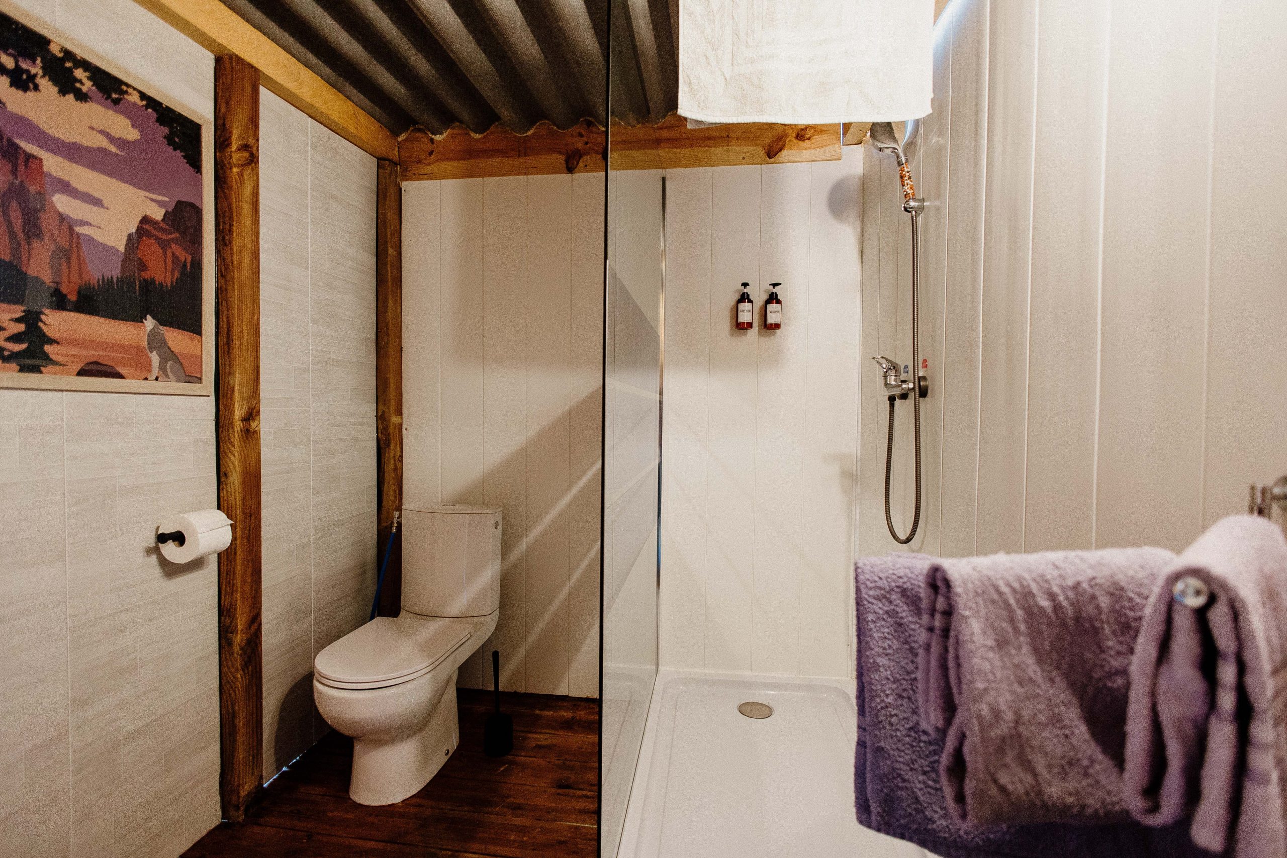 Salle de bain moderne dans un hébergement insolite, avec douche et décor en bois.