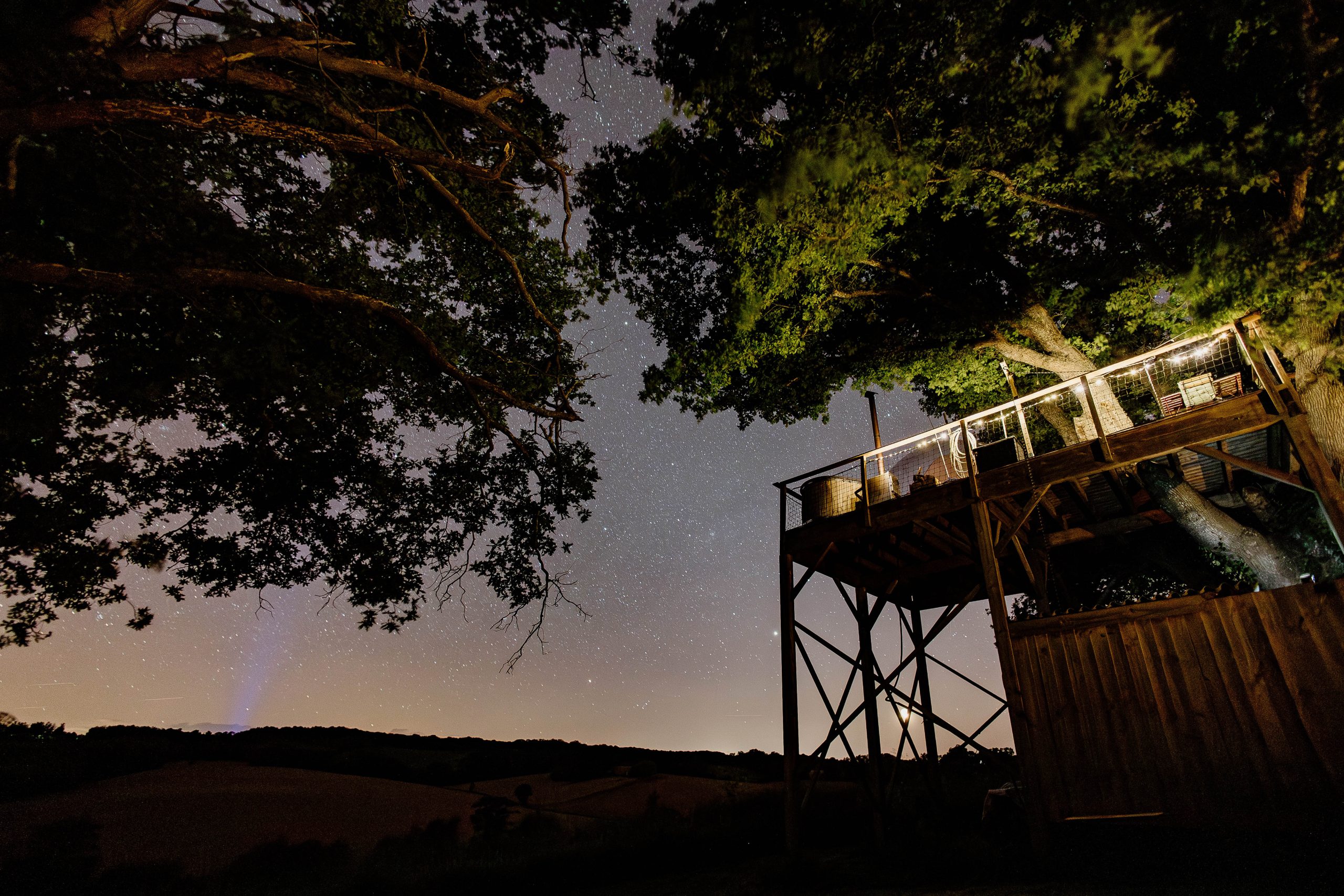 Cabane perchée dans les arbres, illuminée sous un ciel étoilé, entourée de verdure.