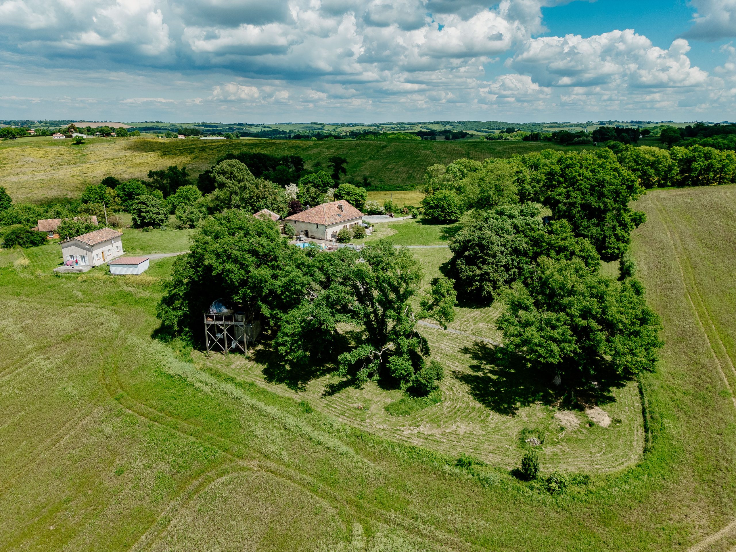 Charmante maison de campagne entourée de verdure, avec un grand jardin et des arbres majestueux.