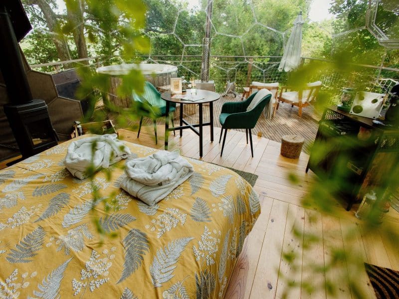 Dôme transparent avec lit douillet et coin salon, entouré de verdure apaisante.