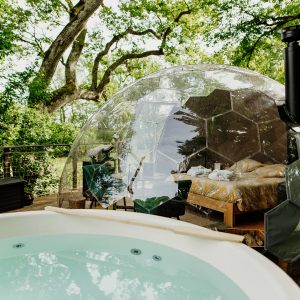 Hébergement insolite : bulle transparente avec lit douillet et jacuzzi, entourée de verdure.