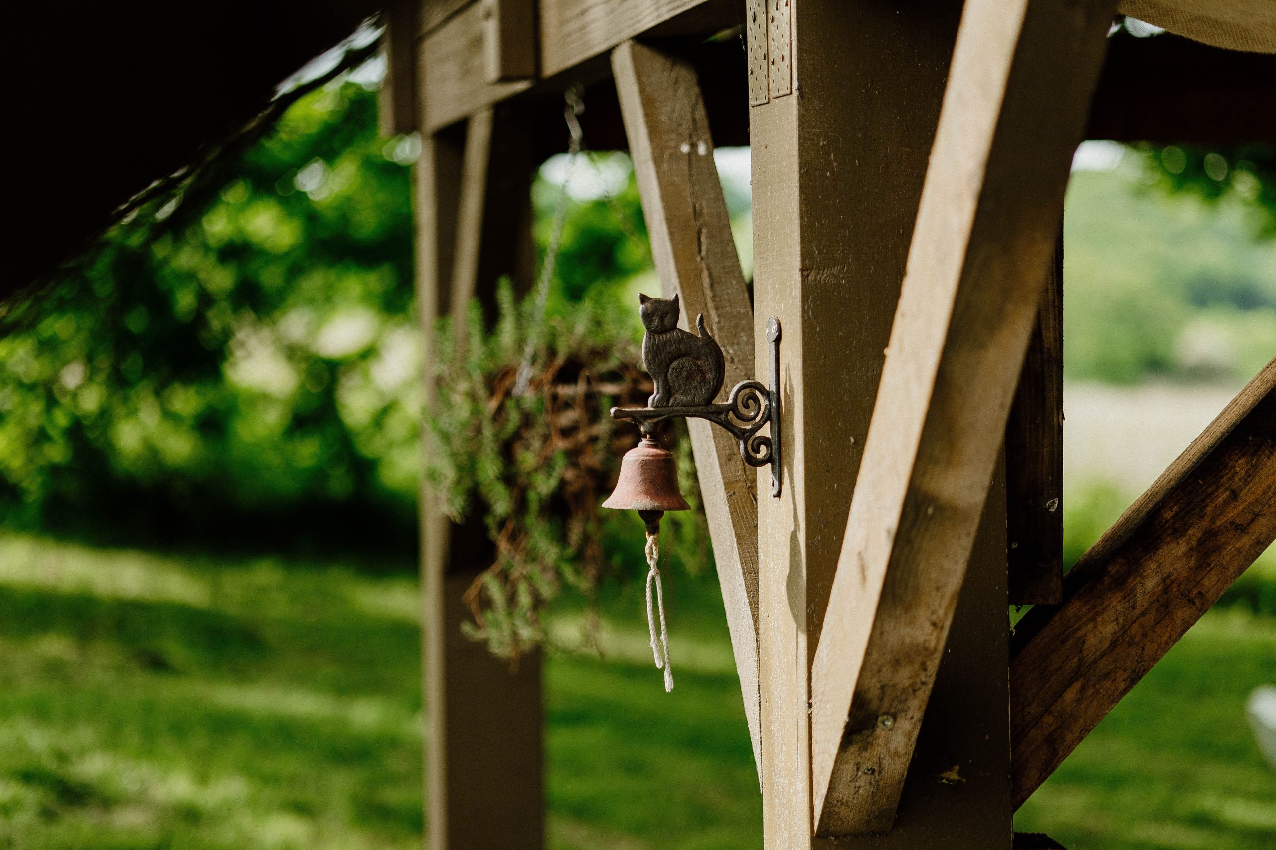 Charmant abri de jardin en bois avec une cloche et une décoration féline, entouré de verdure.