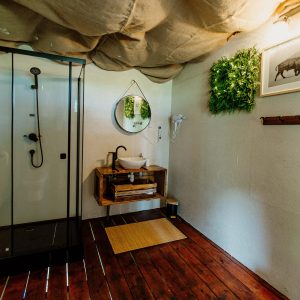 Cabane moderne avec salle de bain, décorée de plantes et bois chaleureux. Ambiance cocooning.