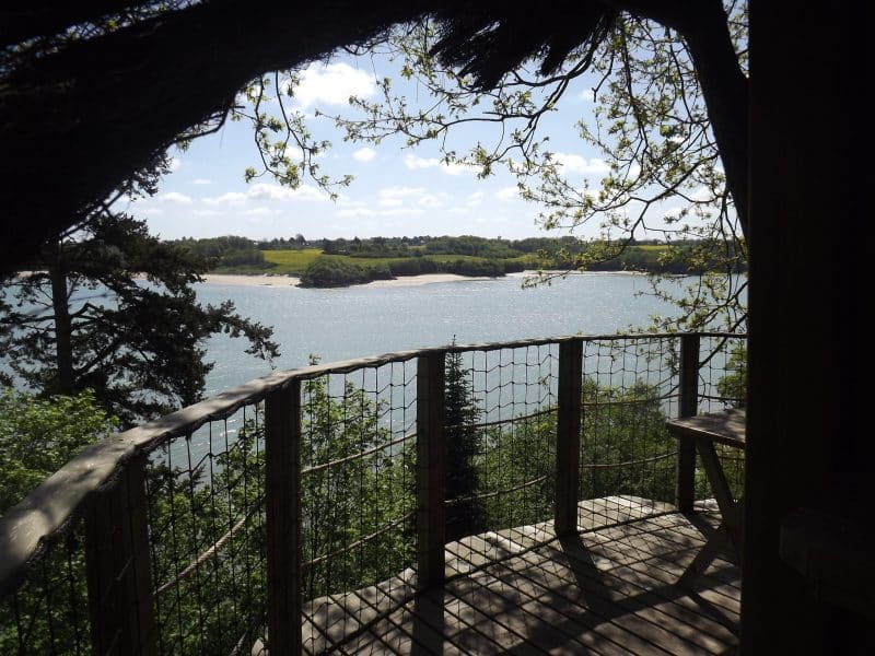 Cabane perchée avec vue panoramique sur un lac et la verdure environnante.