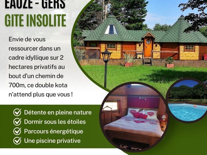 Gîte insolite en bois avec piscine privée, situé dans un cadre naturel apaisant.