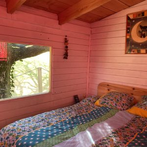 Chambre cosy dans une cabane en bois, murs roses et vue sur un arbre majestueux.
