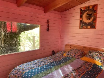 Chambre cosy dans une cabane en bois, murs roses et vue sur un arbre majestueux.