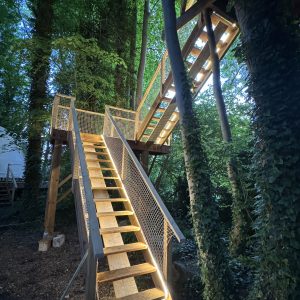 Escalier lumineux menant à une cabane perchée dans les arbres, entourée de verdure.