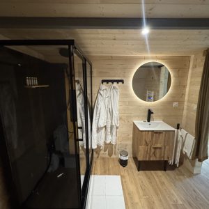Salle de bain moderne dans un chalet en bois, avec douche vitrée et décor épuré.