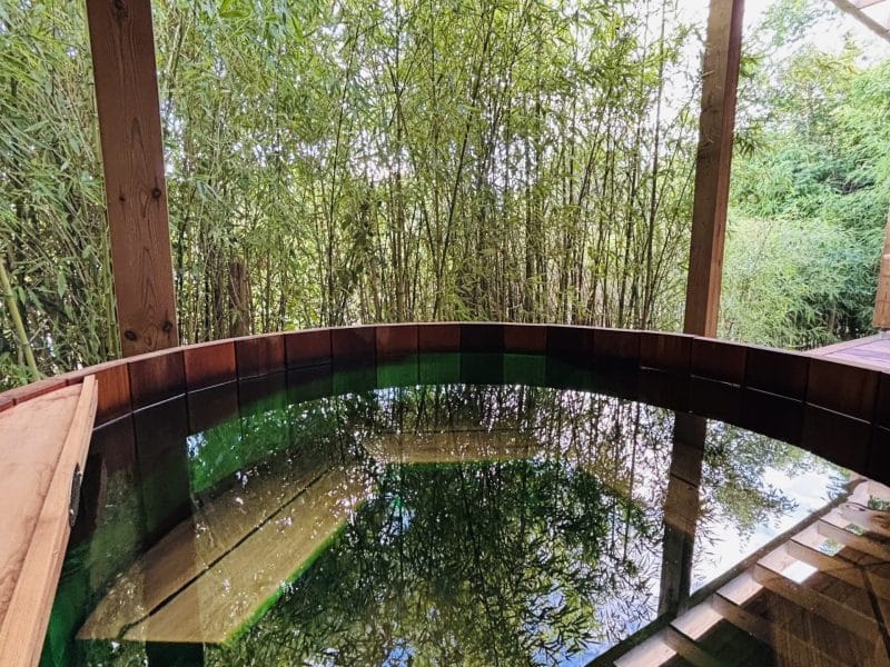 Bain nordique en bois entouré de bambous, offrant une ambiance zen et relaxante.