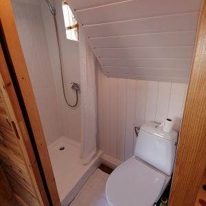 Salle de bain d'un hébergement insolite, avec douche et toilettes modernes sous un toit mansardé.