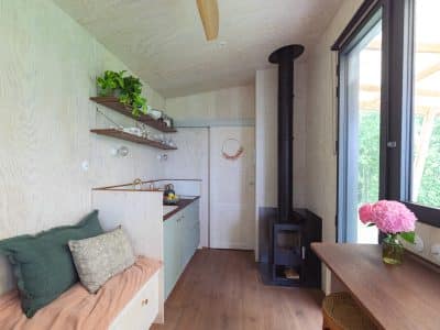 Intérieur d'un chalet moderne avec poêle à bois, plantes vertes et lumière naturelle.